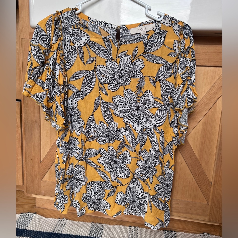 LOFT Yellow Floral Ruffle Sleeve Blouse
